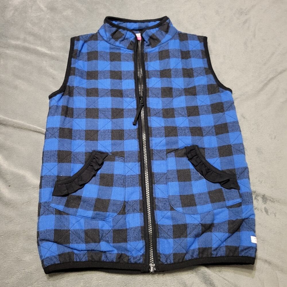 Ruffle Butts‎ Vest Girls 8 Blue Black Gingham Plaid Comfort Full Zip Lined Mock